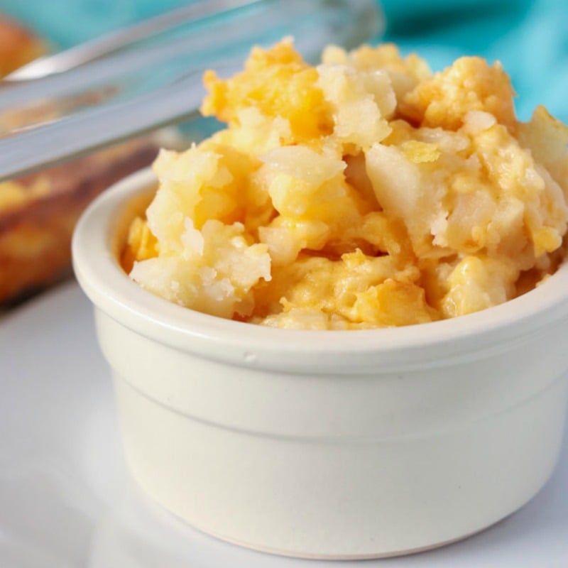 bowl of cheesy potato casserole