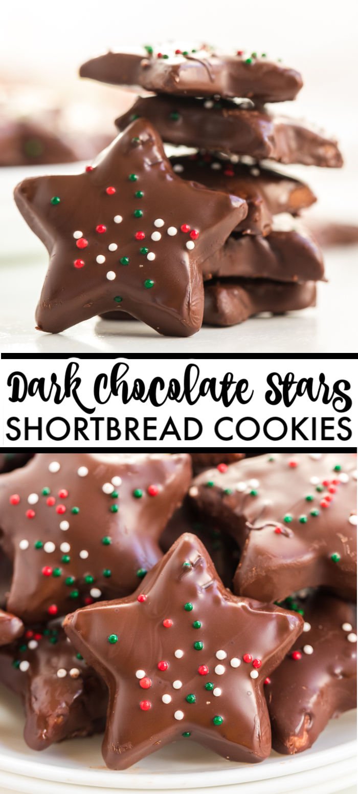 Simple shortbread cookies dipped in dark chocolate and topped with sprinkles. This shortbread recipe is a copycat of Trader Joe's Dark Chocolate Stars Cookies and perfect for the holidays or any time you need an easy cookie recipe! | www.persnicketyplates.com #christmascookies #shortbread #chocolate #easyrecipe #cookies #copycatrecipe #traderjoes