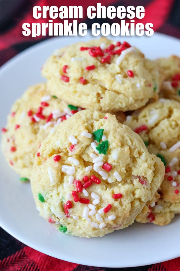 plates of cream cheese sprinkle cookies with christmas colored sprinkles