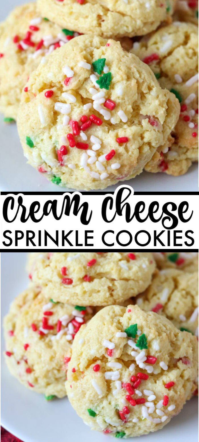 These five ingredient, semi-homemade Cream Cheese Sprinkle Cookies are simple and festive for the holidays or any time of year. | www.persnicketyplates.com #cookies #christmascookies #semihomemade #creamcheese #easyrecipe #sprinkles