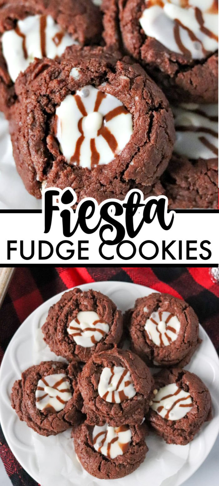 Only five ingredients in these super simple Fiesta Fudge Cookies topped with Hershey's Hugs. These easy Christmas cookies are perfect for a cookie exchange! | www.persnicketyplates.com #christmascookies #fudgecookies #semihomemade #cookies #easyrecipe 