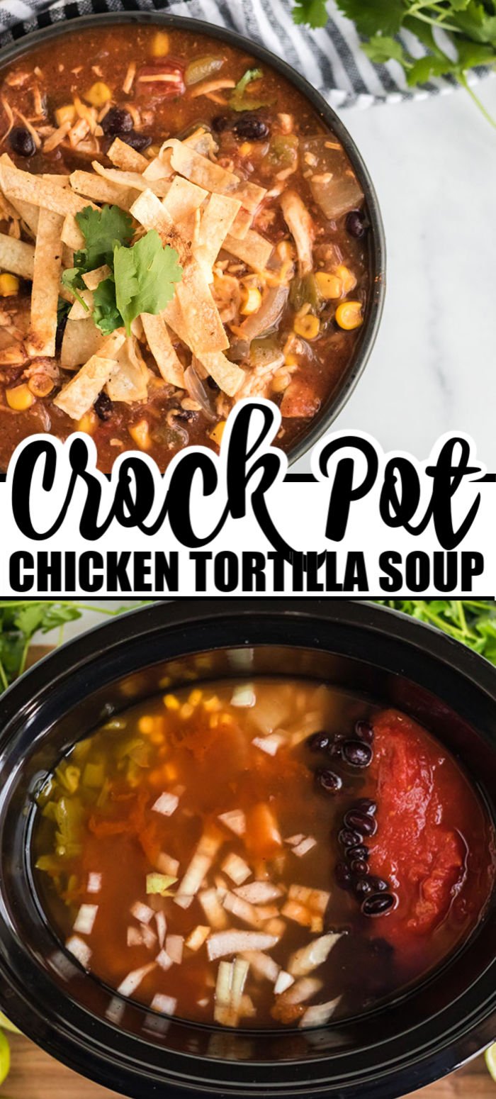 Crock Pot Chicken Tortilla Soup is a healthy and flavorful soup made right in your slow cooker. Chicken, tomatoes, black beans, corn - customize the heat to your liking and add your favorite toppings, including homemade, crispy tortilla strips! | www.persnicketyplates.com #crockpot #slowcooker #chicken #chickendinner #soup #easyrecipe