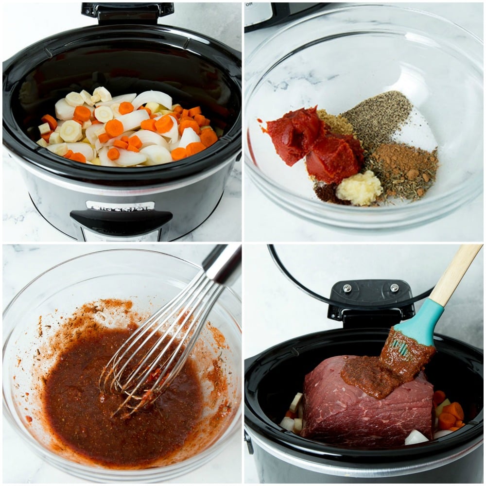 collage of slow cooker pot roast process shots