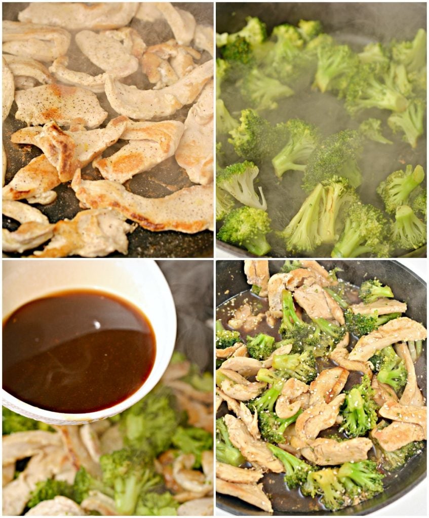 process of shots of making chicken and broccoli in skillet