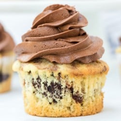 single marble cupcake topped with chocolate buttercream