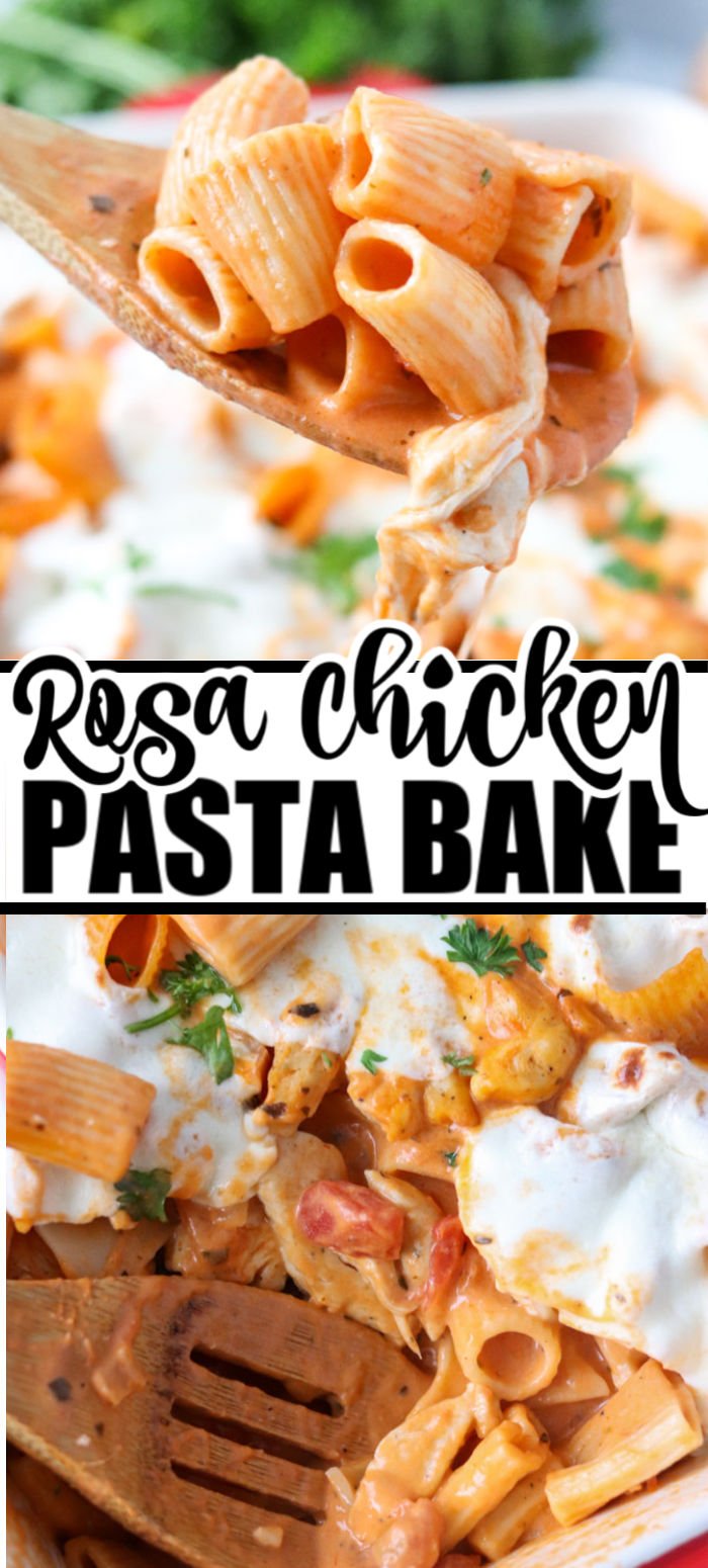 Stay in for Valentine's Day dinner with this Rosa Chicken Pasta Bake. A creamy rosa sauce made with marinara and alfredo, mixed with chicken, and topped with melted mozzarella cheese. | www.persnicketyplates.com #pasta #comfortfood #datenightfood #rosasauce #chickendinner
