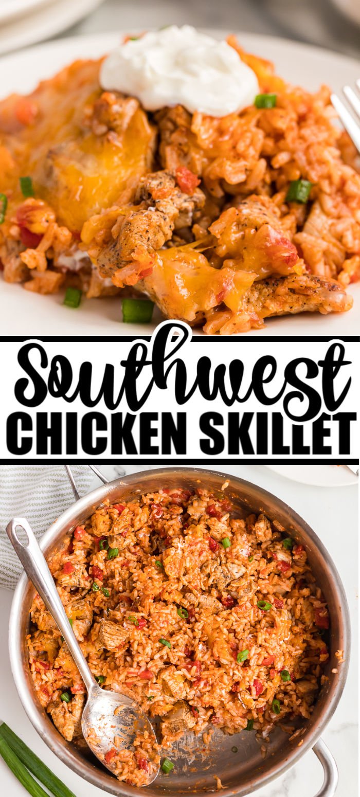 One pot and 30 minutes are all you need for this Rotel Southwest Chicken Skillet! Big flavor without a lot of effort. | www.persnicketyplates.com #chicken #chickendinner #skilletmeal #southwest #comfortfood #30minutemeal #easyrecipe