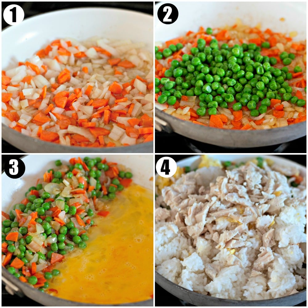 process shots of making fried rice in a skillet