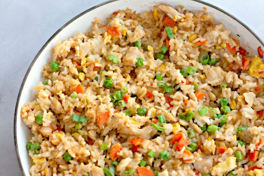 closeup of chicken fried rice in skillet