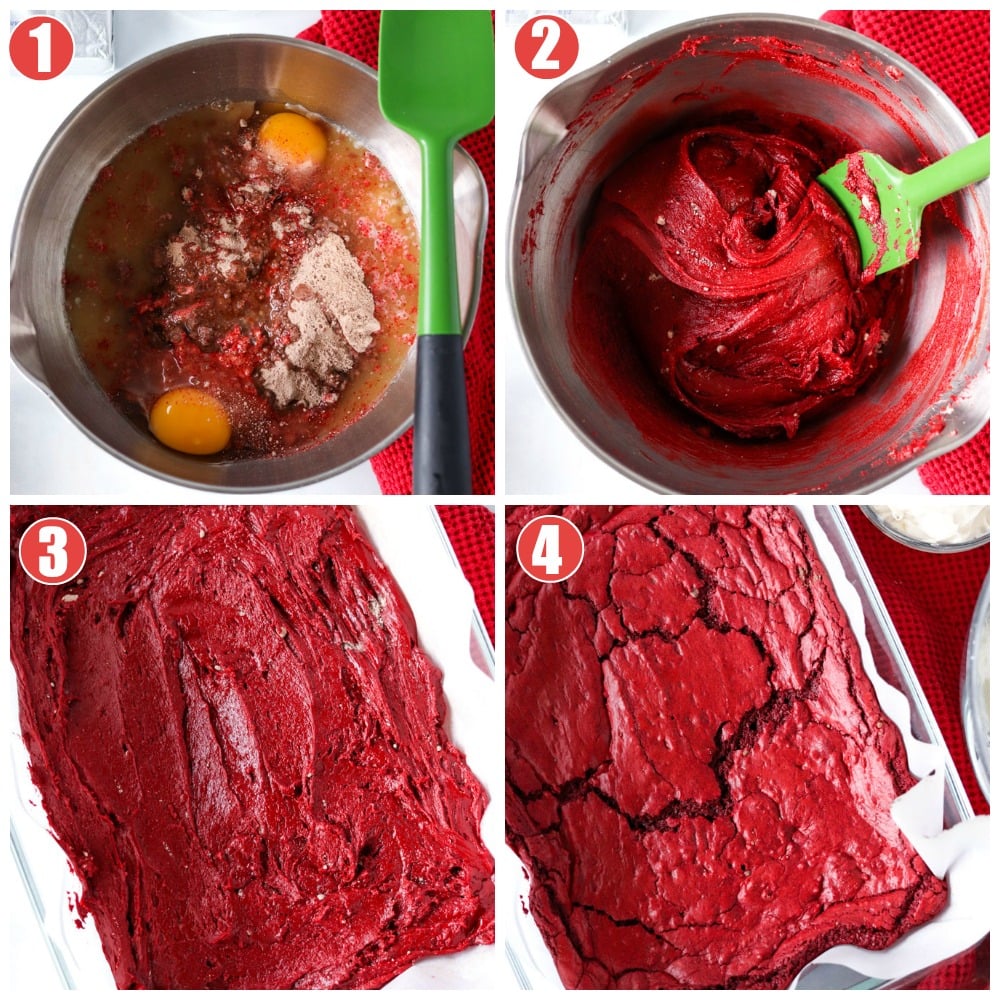 process shots of making red velvet cookie bars