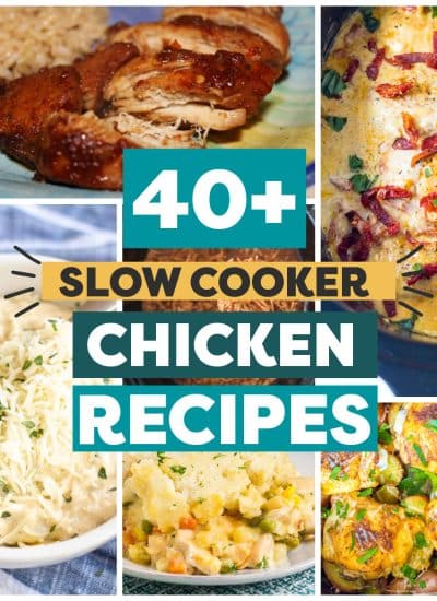 collage of chicken photos with text overlay reading "40+ slow cooker chicken recipes".