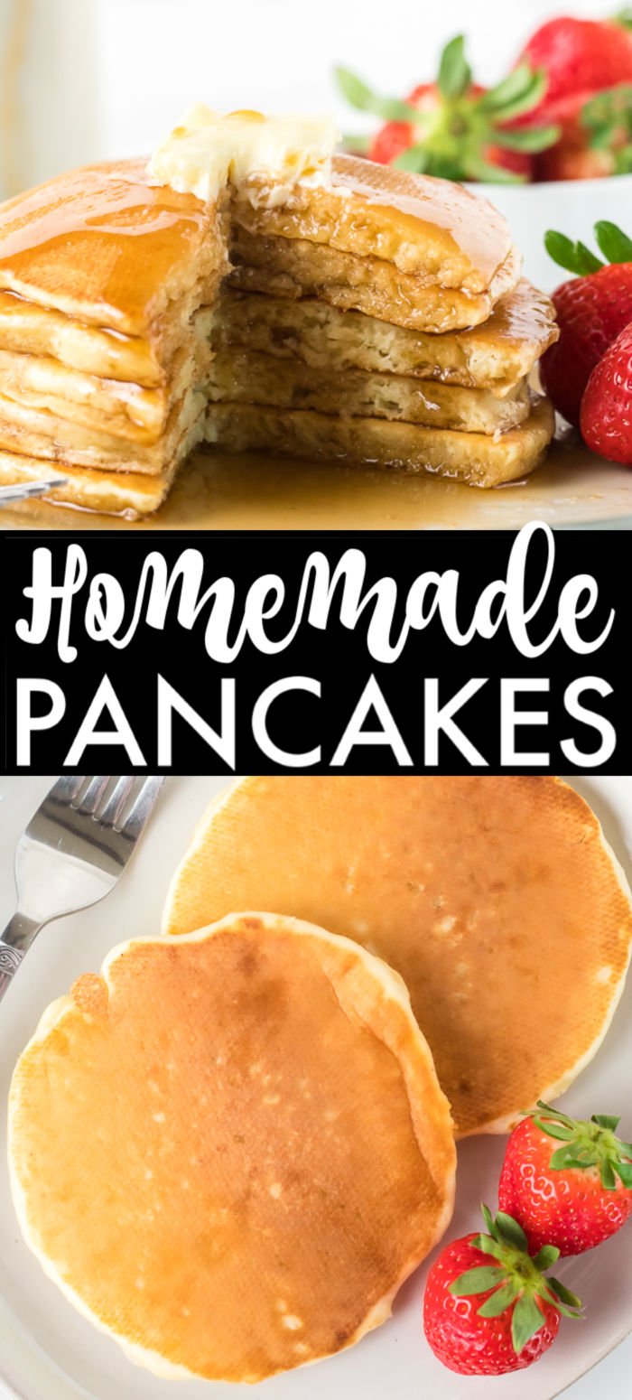 Homemade Pancakes are so easy to make from scratch with six simple ingredients, you're not going to go back to the mix! These fluffy pancakes will be ready in under 30 minutes. | www.persnicketyplates.com