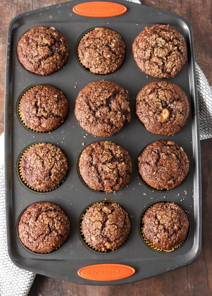 overhead shot of chocolate muffins in a baking pan