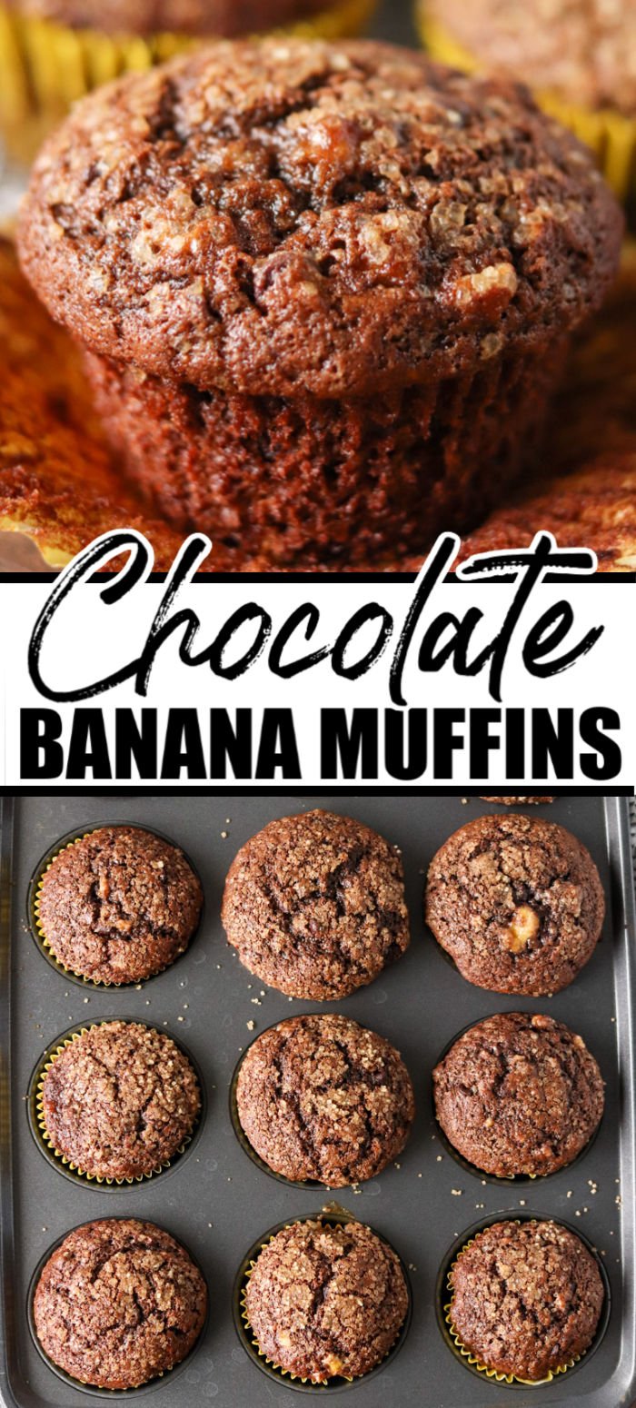Easy Chocolate Banana Muffins are a soft and fluffy muffin filled with chocolate chips & sprinkled with sugar. I love baking from scratch when you don’t even have to get the mixer out! | www.persnicketyplates.com