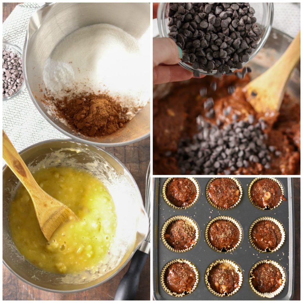 mixing bowl making chocolate banana muffins