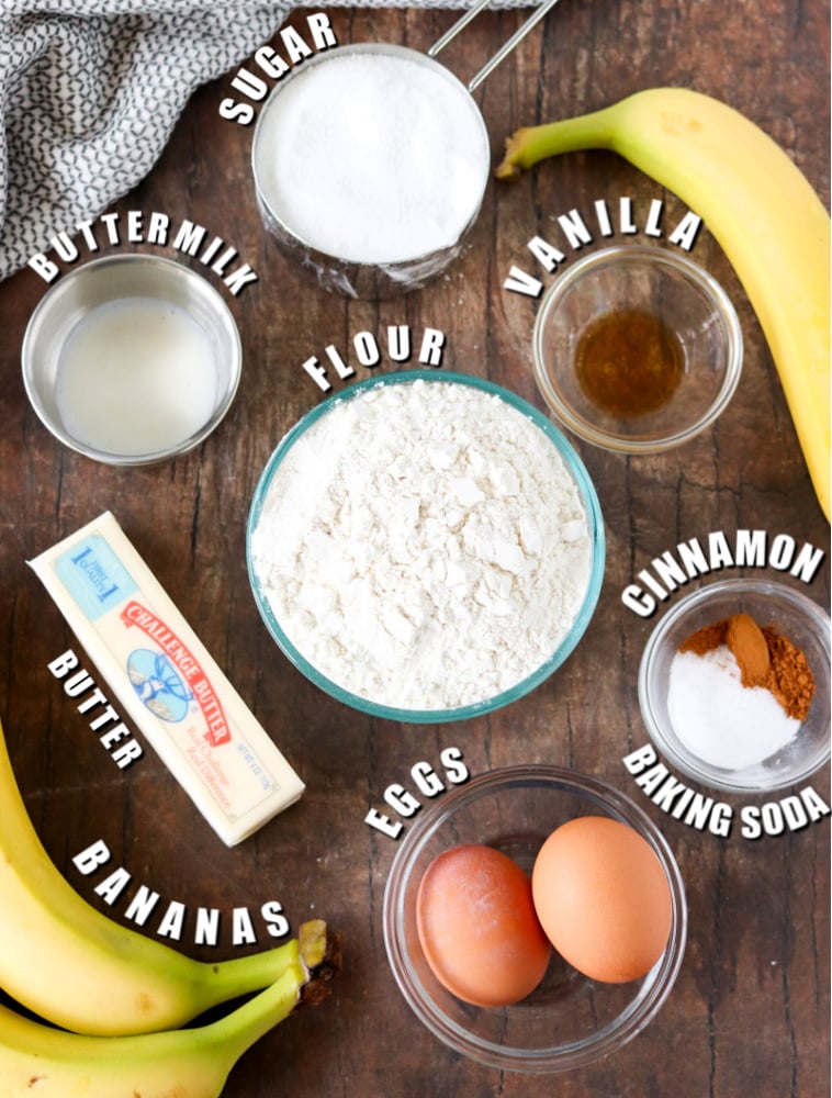overhead shots of ingredients laid out to make banana bread