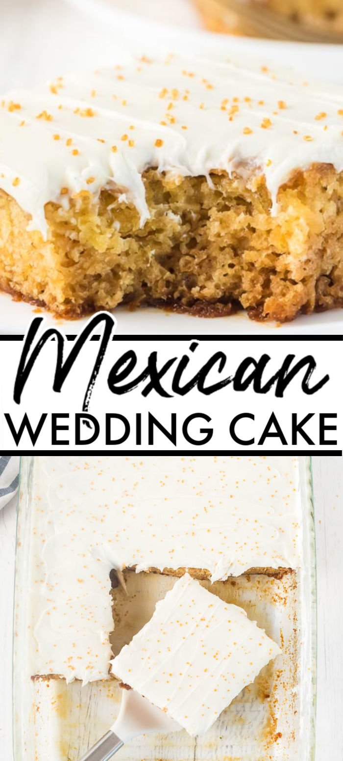 This Mexican Wedding Cake recipe is exactly what you want when making a cake from scratch, fast, easy and incredibly delicious. Made with only six ingredients and a few simple steps, this tender and moist cake is full of pineapple flavor topped with a delicious cream cheese frosting. It is the perfect cake to serve for a Mother's Day brunch, a wedding or an after dinner dessert! | www.persnicketyplates.com