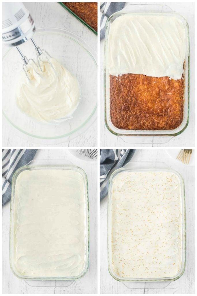 collage of cream cheese frosting going on a cake