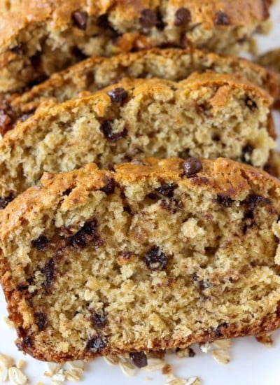 close up of sliced oatmeal chocolate chip quick bread