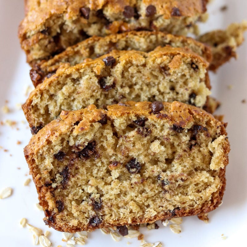 close up of sliced oatmeal chocolate chip quick bread