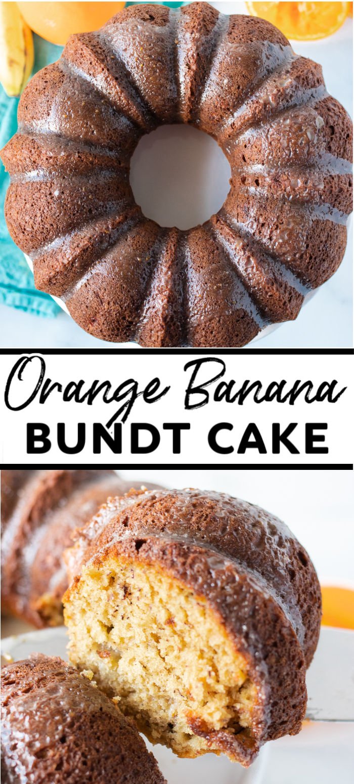This Orange Banana Bundt Cake recipe is as easy as it is delicious. Made with simple, flavorful ingredients such as orange juice, bananas, and a hint of cinnamon and topped with a delicious orange glaze, this moist bundt cake will be ready in under an hour. | www.persnicketyplates.com