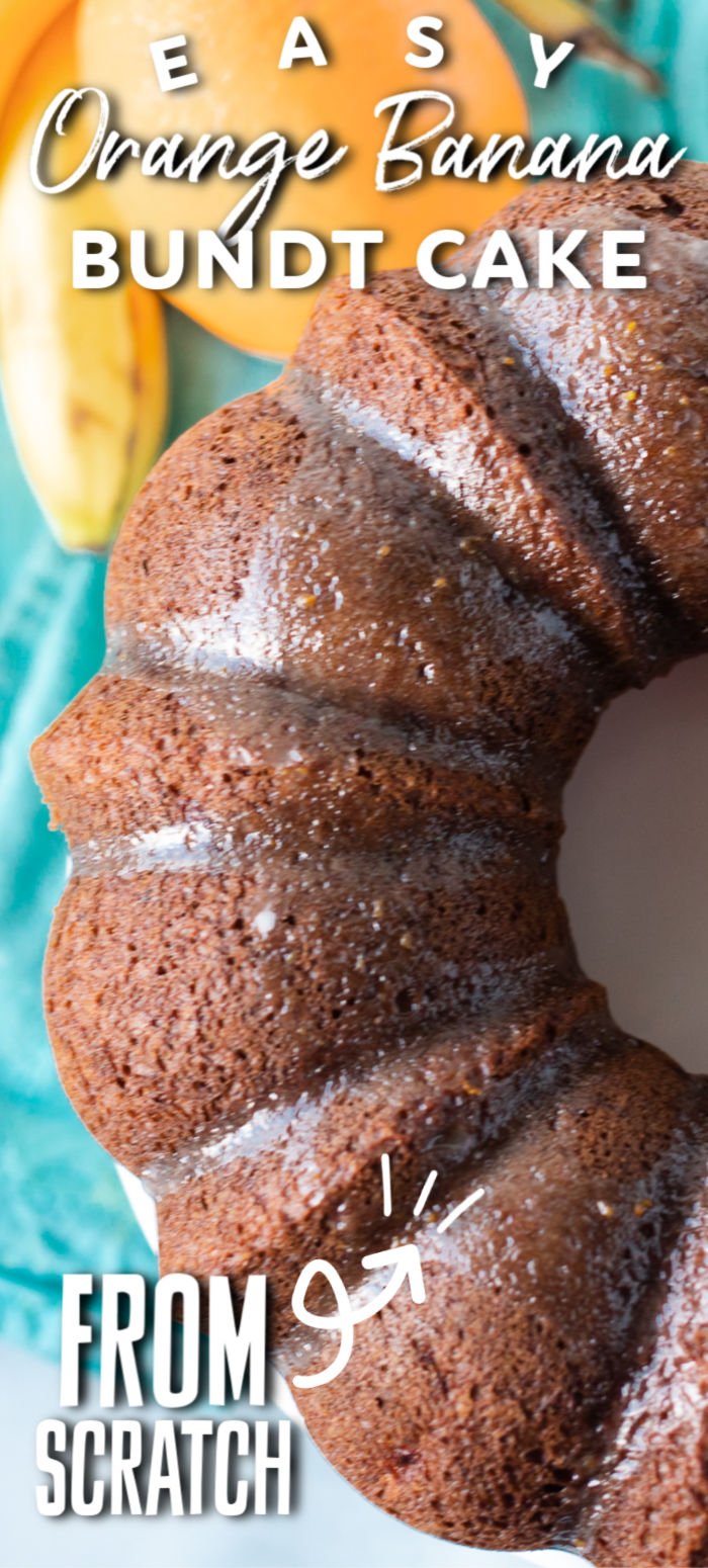 This Orange Banana Bundt Cake recipe is as easy as it is delicious. Made with simple, flavorful ingredients such as orange juice, bananas, and a hint of cinnamon and topped with a delicious orange glaze, this moist bundt cake will be ready in under an hour. | www.persnicketyplates.com