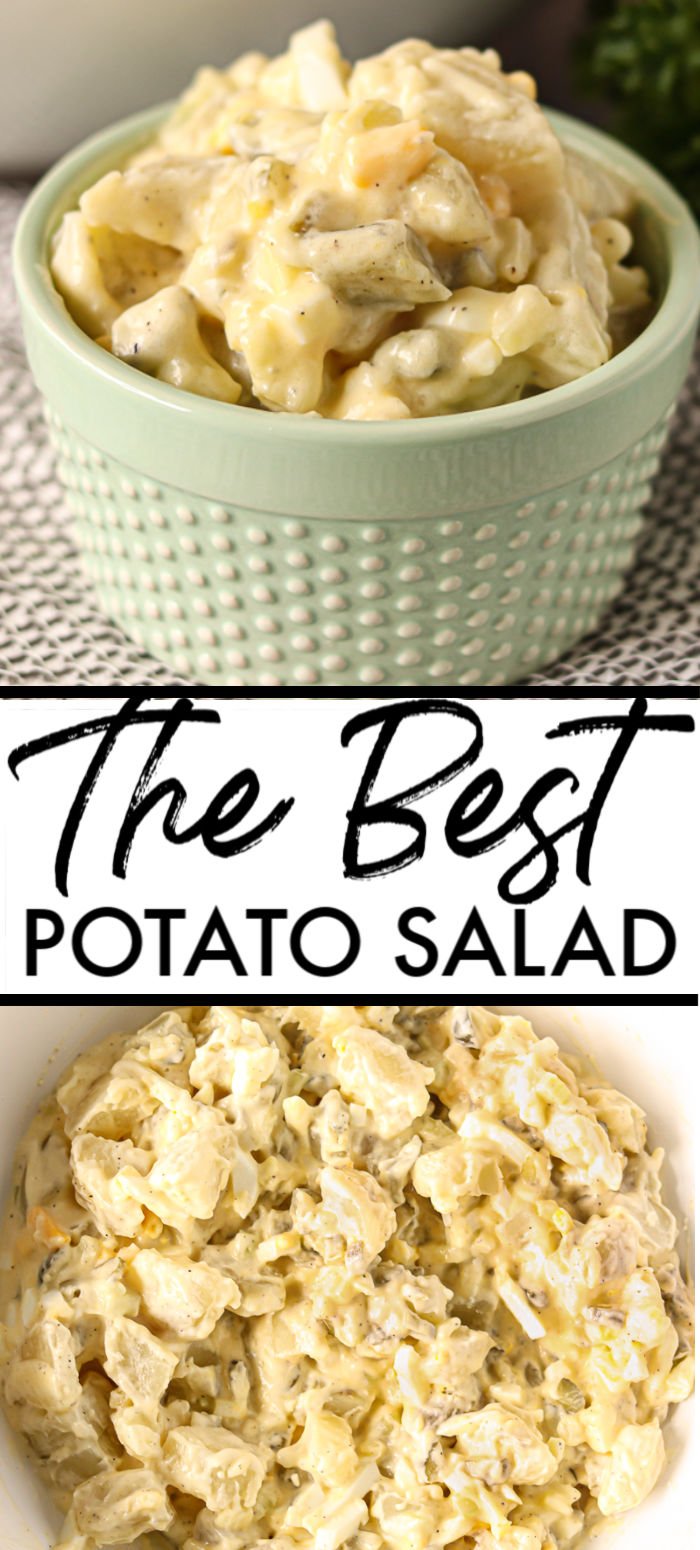My favorite potato salad recipe is filled with eggs, sweet pickles, and slaw dressing that gives it a unique twist. I've been making it for years & it's always a hit! | www.persnicketyplates.com