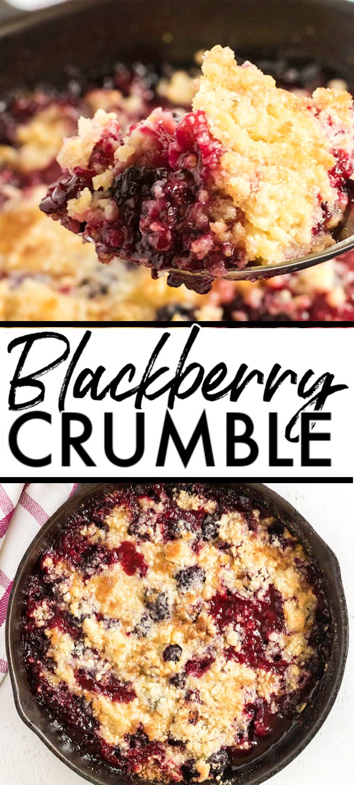 This skillet Blackberry Crumble is loaded with juicy berries and topped with a sweet crunchy buttery topping. Serve it warm with a scoop of vanilla ice cream and enjoy any night of the week! | www.persnicketyplates.com