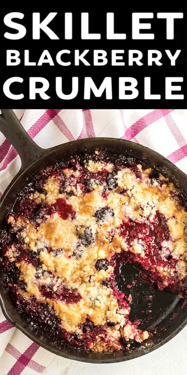 This skillet Blackberry Crumble is loaded with juicy berries and topped with a sweet crunchy buttery topping. Serve it warm with a scoop of vanilla ice cream and enjoy any night of the week! | www.persnicketyplates.com
