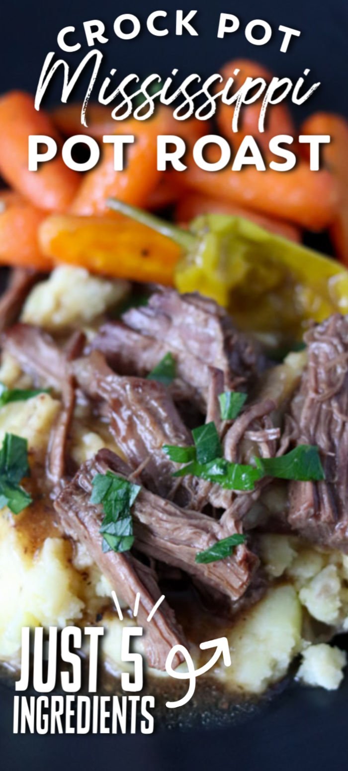 Mississippi Pot Roast has only five ingredients and takes just minutes to put together in the crock pot. Let it cook all day then come home to a juicy, flavorful roast that is perfect served over potatoes. This is going to be your new favorite dinner! | www.persnicketyplates.com