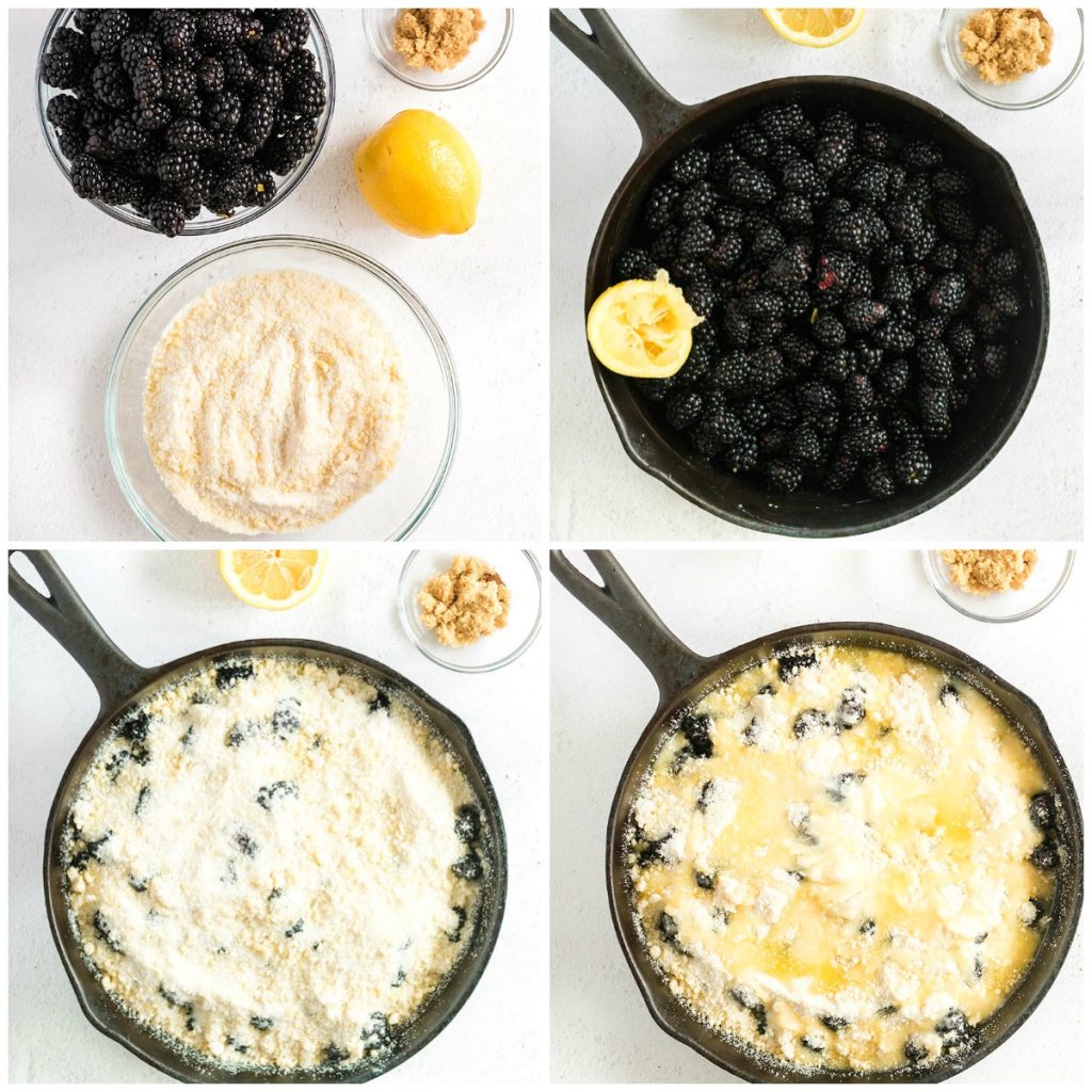overhead shots of blackberry crumble being prepared in a skillet