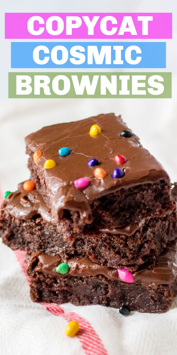 This Cosmic Brownies recipe is the homemade version of Little Debbie's famous treat. A chewy decadent brownie topped with a chocolate glaze sprinkled with rainbow chocolate chips. It makes for the perfect copycat recipe for the brownies we all know and love, only better! | www.persnicketyplates.com