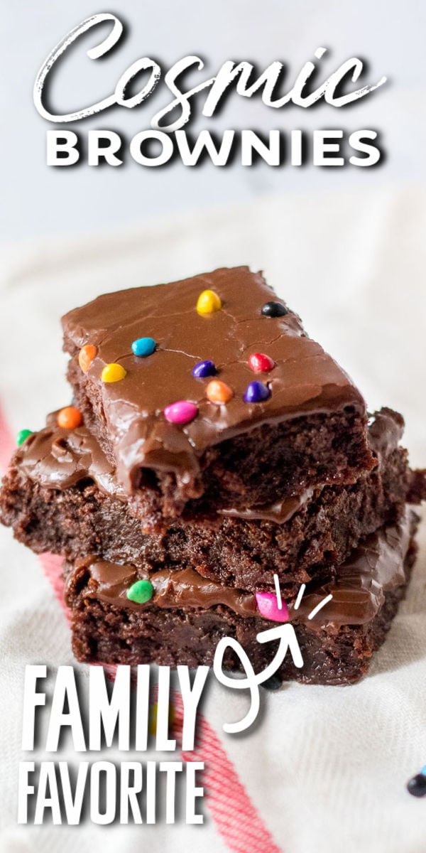 This Cosmic Brownies recipe is the homemade version of Little Debbie's famous treat. A chewy decadent brownie topped with a chocolate glaze sprinkled with rainbow chocolate chips. It makes for the perfect copycat recipe for the brownies we all know and love, only better! | www.persnicketyplates.com