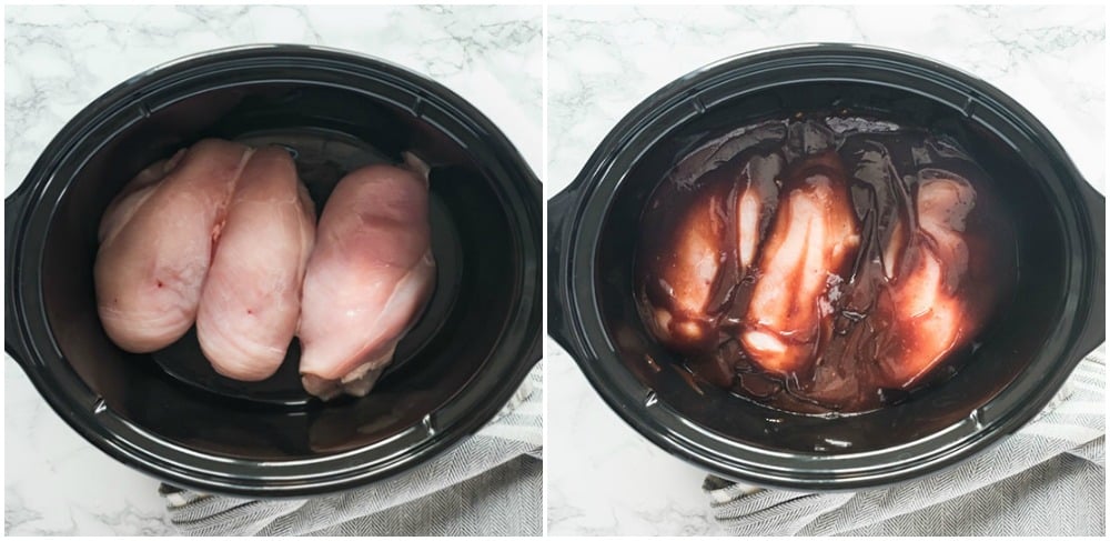 overhead shot of chicken breasts & bbq sauce in a slow cooker