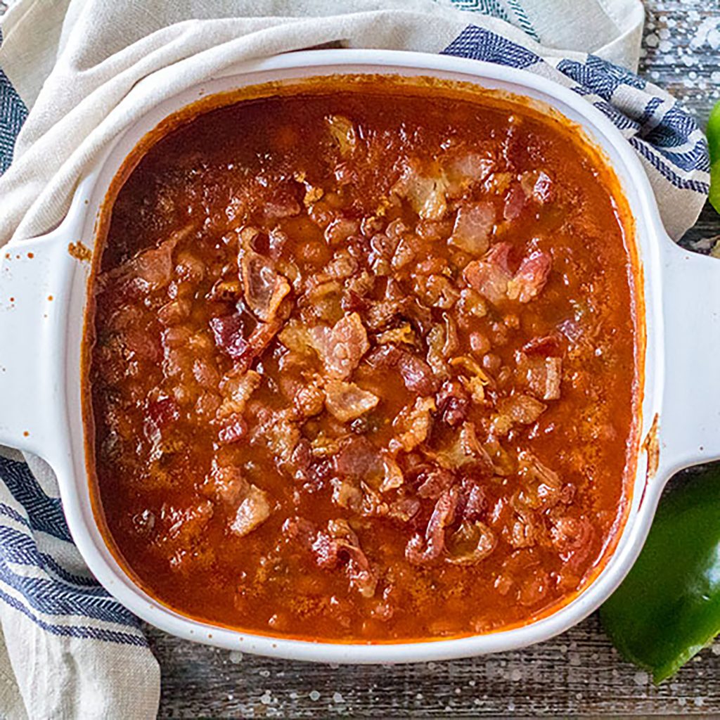 overhead shot of baked beans with bacon