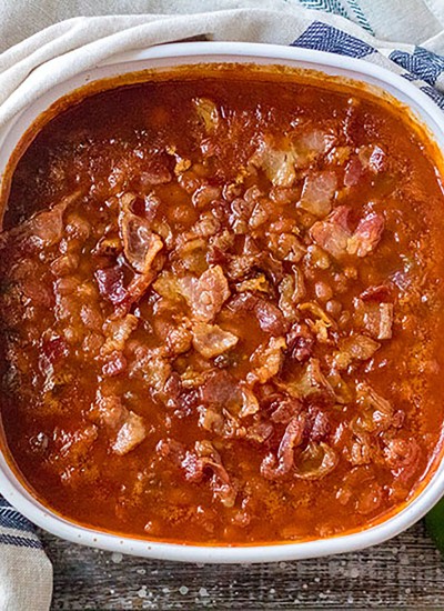 overhead shot of baked beans with bacon