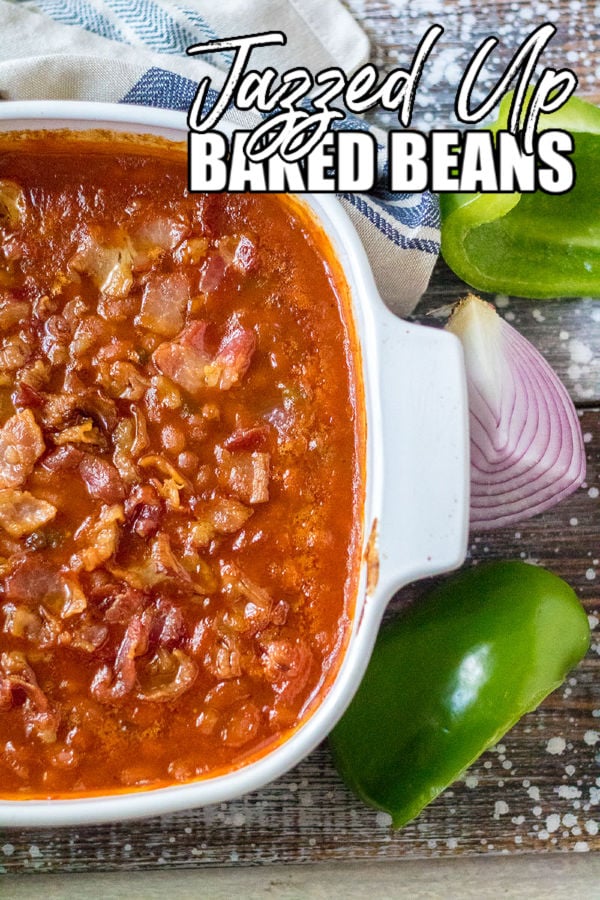 baked beans in dish with title text