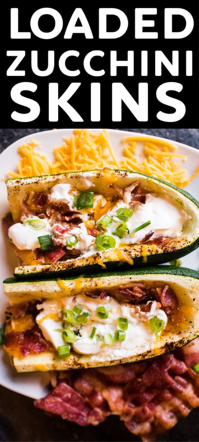 Loaded Zucchini Skins take everything you love about the classic potato skin appetizer up a notch. Topped with the standard add-ons - crisp bacon, melted cheese, sour cream, and green onions - you won't miss the potato!  