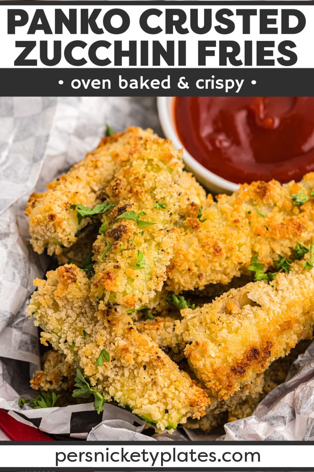 Panko Crusted Zucchini Fries are crispy and seasoned on the outside, tender on the inside, and a great alternative to french fries. Serve with your favorite dipping sauce and even your kids will be asking for seconds! | www.persnicketyplates.com