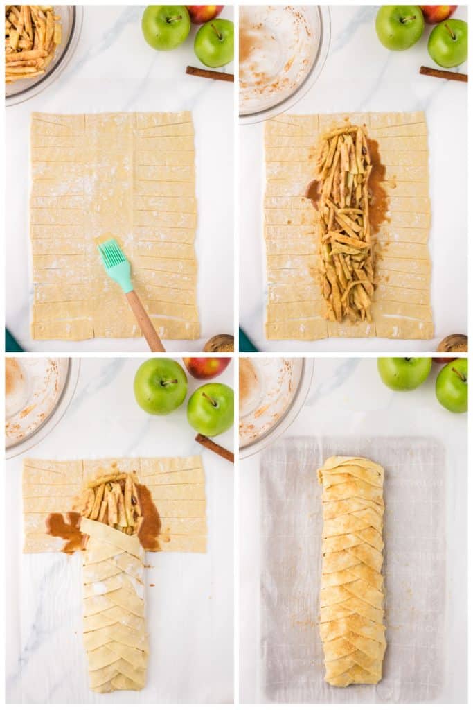 collage of 4 photos showing the process of making a braided apple strudel.