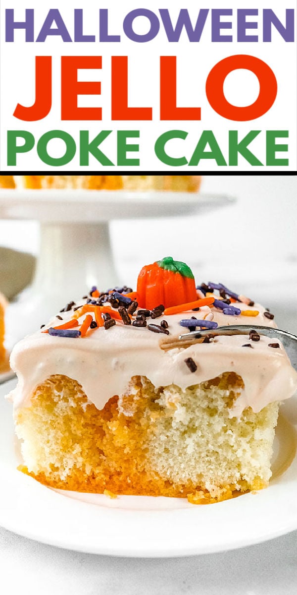 This fall-themed Halloween Poke Cake is all treat and no tricks! Whip up a cake mix with orange Jell-O and whipped topping to make this delicious and easy cake that is perfect for any autumn gathering. | www.persnicketyplates.com