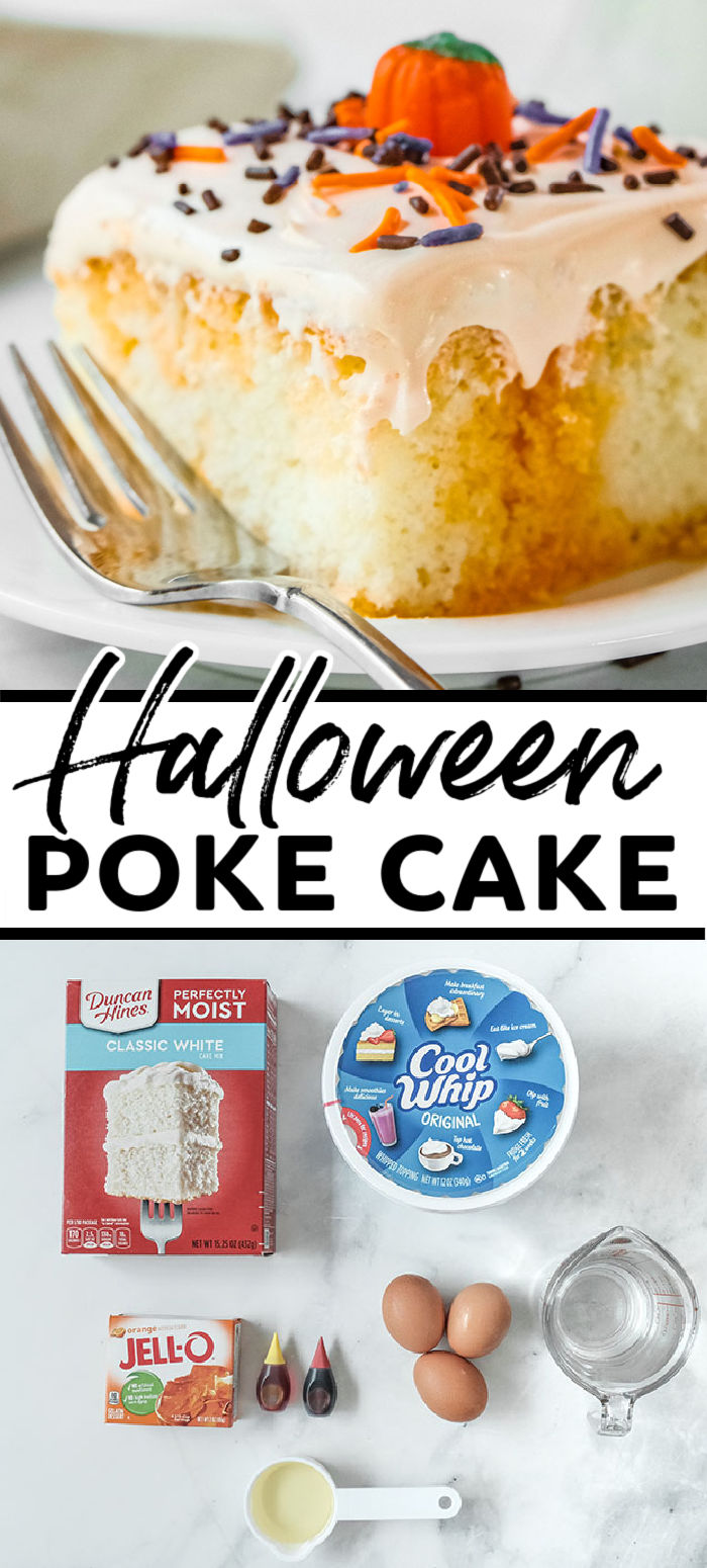 This fall-themed Halloween Poke Cake is all treat and no tricks! Whip up a cake mix with orange Jell-O and whipped topping to make this delicious and easy cake that is perfect for any autumn gathering. | www.persnicketyplates.com