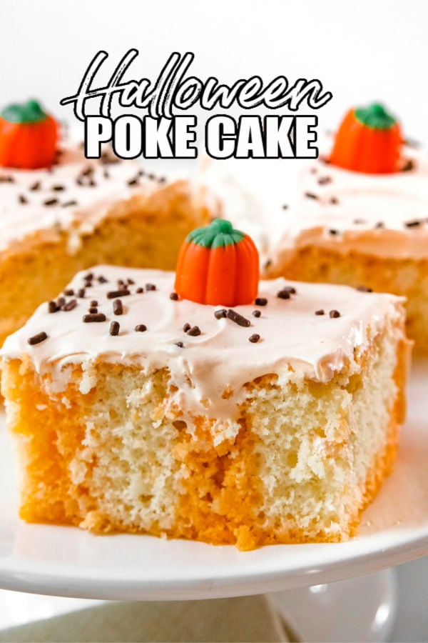 orange poke cake with sprinkles & text overlay