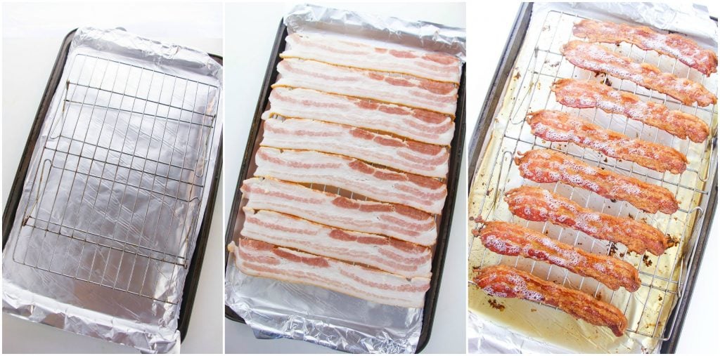 collage of baking sheet with bacon slices on a rack