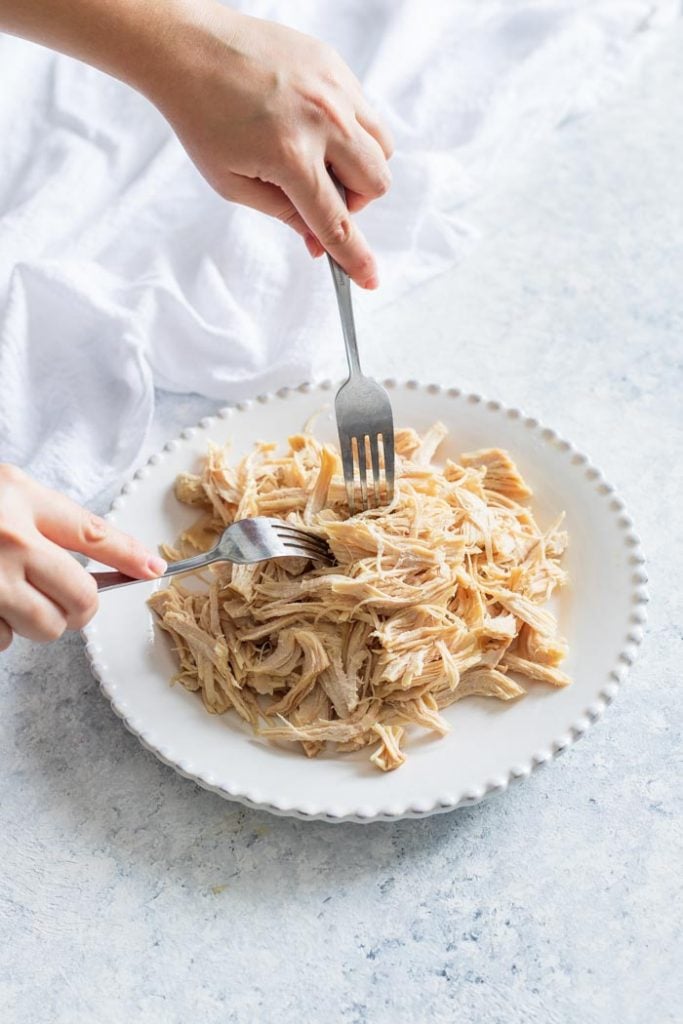 two forks shredding chicken breasts on a white plate