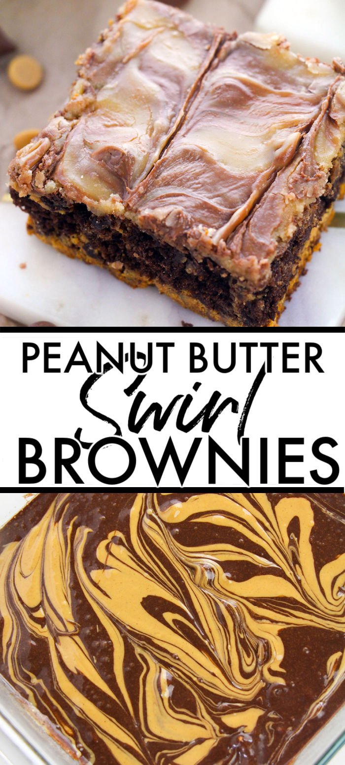 Peanut Butter Swirl Brownies are so good! If you're a peanut butter + chocolate lover like me, you'll love the layer of brownie, swirl of peanut butter, and then a peanut butter frosting. Easy, from scratch, and perfect for a craving! | www.persnicketyplates.com