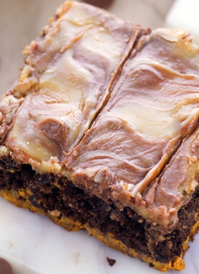 close up of single peanut butter swirl brownie