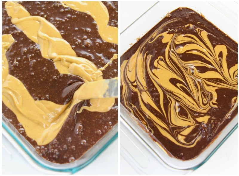 peanut butter swirling into brownie batter