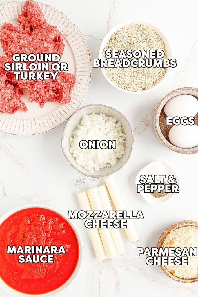 overhead shot of labeled ingredients to make cheese stuffed meatballs.