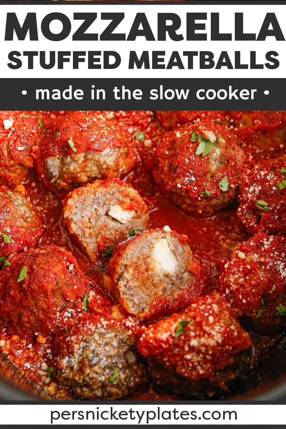 Easy and flavorful Slow Cooker Mozzarella Stuffed Meatballs are made with lean ground beef or turkey and stuffed with cheese. Served over zoodles, or your favorite noodle, this is a healthy and delicious recipe made right in your crockpot! | www.persnicketyplates.com